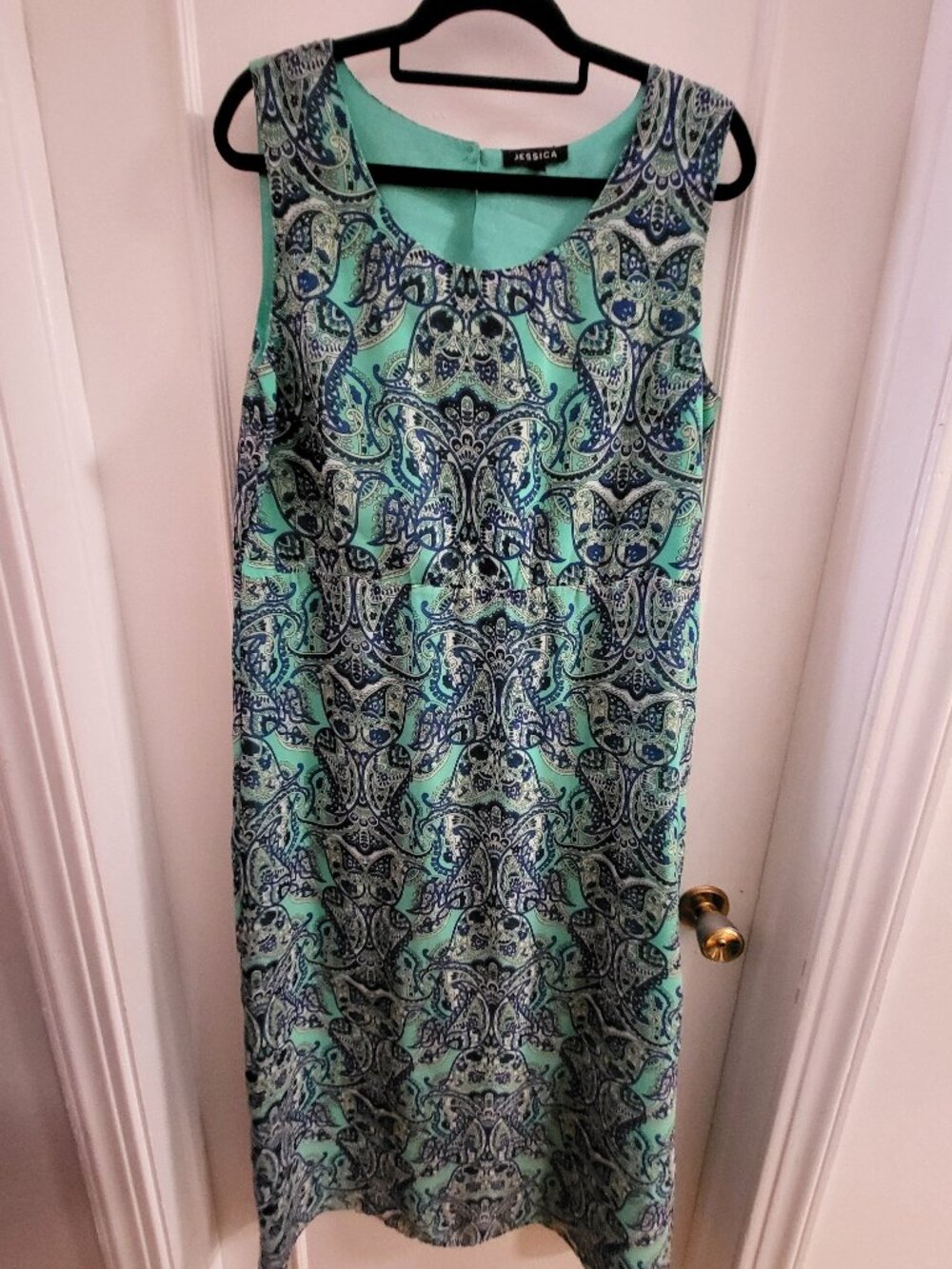 JESSICA Teal & Navy Blue Paisley Sleeveless Shift Dress - Size 12